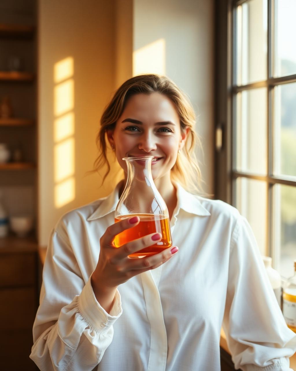 Aura founder in the Swiss laboratory holding an amber elixir