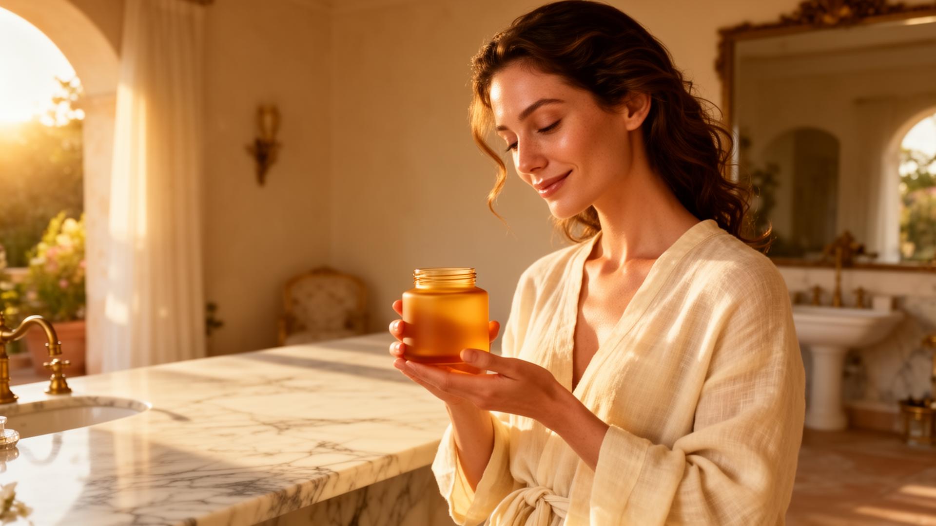 Serene woman holding Aura supplement jar in a sunlit Mediterranean bathroom